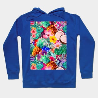 tropical pineapple exotic botanical illustration with floral tropical fruits, exotic flowers, coconuts, hot pink and purple fruit pattern over a Hoodie